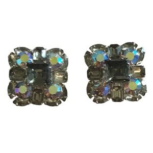 1950s Judy Lee Black & Smokey Grey Aurora Borealis Crystal Clip On Earrings